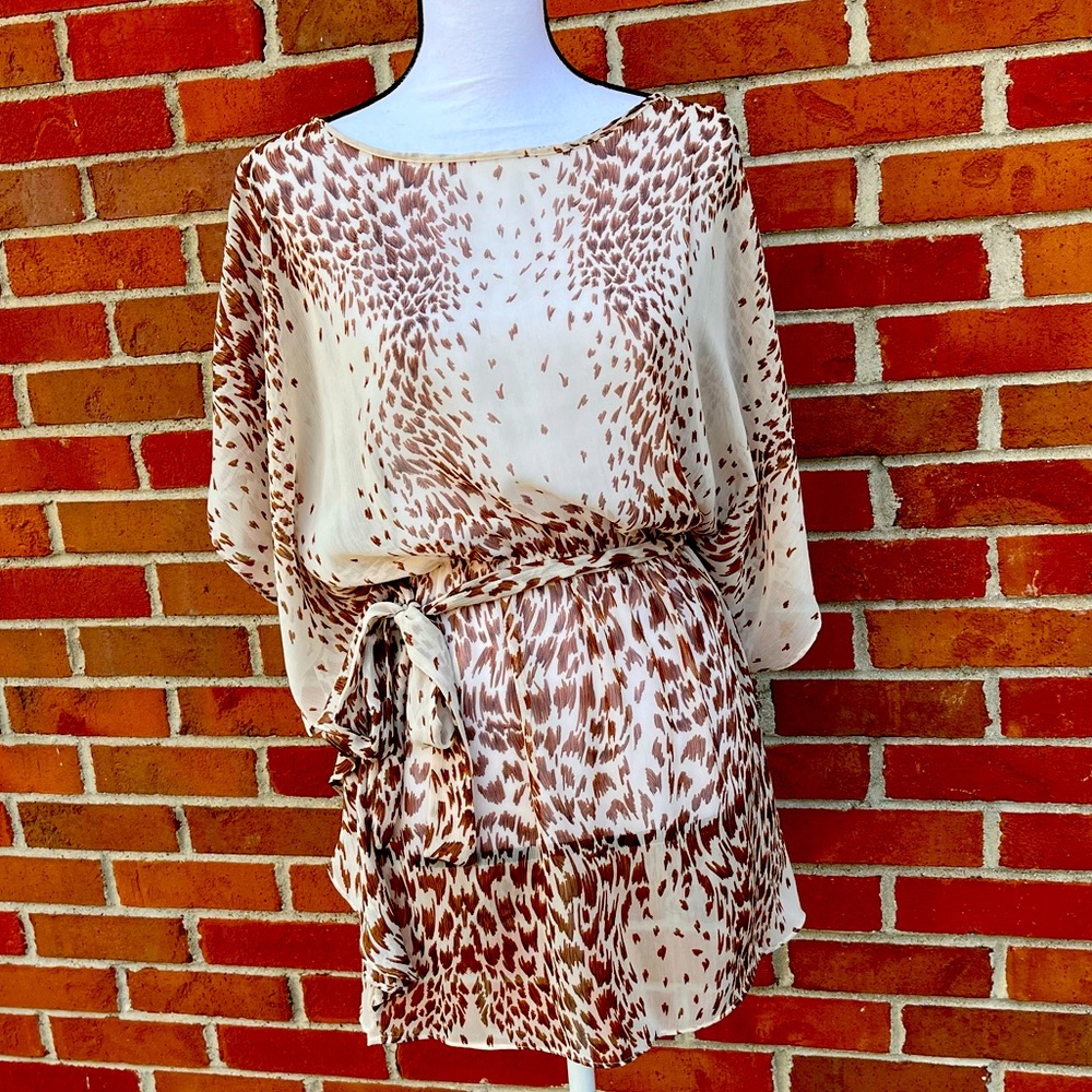 Coco Bianco Banded Waist Belted Semi Sheer Brown Creme Tunic Womens Small